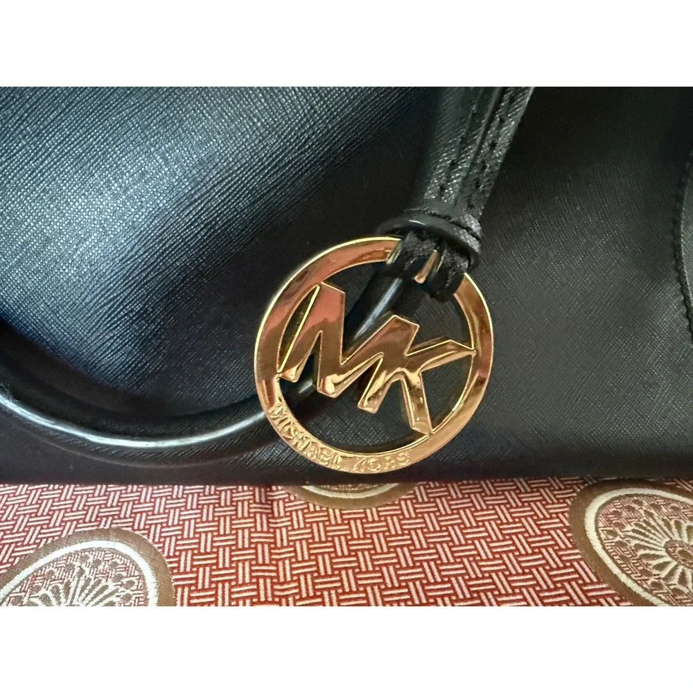 Michael Kors Black Saffiano Leather Satchel Handbag Gold Hardware MK Charm